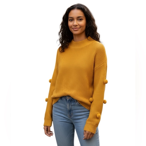 Anthropologie Moth Mustard Yellow Pom Pom Sweater 100% Cotton, Medium 🌻🍂🌻 - Picture 1 of 8